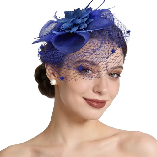 Semato Fascinators Hats for Women Mesh Feathers Elegant Royal Blue Tea Party Kentucky Hat Derby Headband with Hair Clip