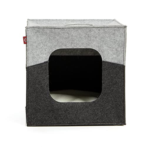 CanadianCat Company | Katzenhöhle Katzenbox aus Filz, passend für IKEA Regal Kallax und Expedit, Katzenhaus inkl. 2-Funktion-Wendekissen, hellgrau/dunkelgrau, ca. 33 x 33 x 33 cm