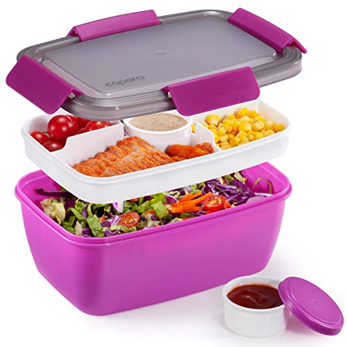 Image of Caperci Large Salad Container Bowl for Lunch - Better Adult Bento Lunch Box 68 oz, 5-Compartment Tray, 2pcs 3-oz Sauce Cups, Stackable, BPA-Free (Purple)