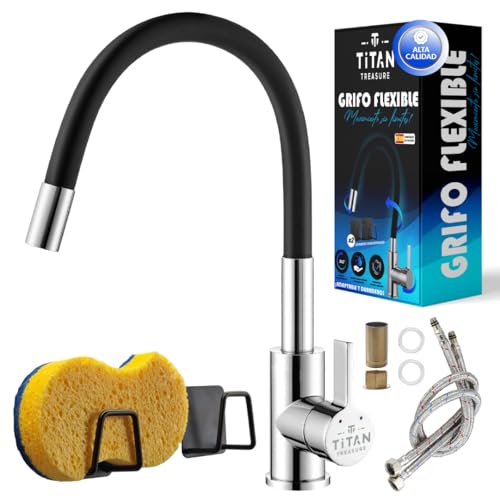 TITAN TREASURE® Grifo de Cocina Flexible 360° – Monomando de Acero Inoxidable, Giratorio Antisalpicaduras, Agua Fría y Caliente, Instalación Fácil sin Fontanero, Fregadero Doble, Torneira Cozinha