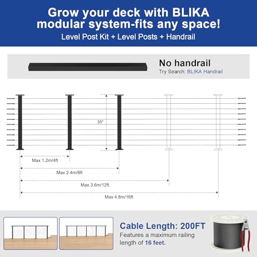 Image of BLIKA 8FT-16FT Complete Set 36 inch Cable Railing Post Kit, Black Level Drilled Deck Railing Posts, Swageless Cable Railing System Include 3Pack Level Posts,1 /8 inch 200FT Stainless Steel Cable(No Handrail)