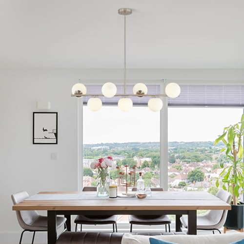 Image of KCO Lighting 7-Light Linear Sputnik Chandelier Brushed Nickel Pendant Light | 31.5 inch Rod for Sloped Ceiling, 12W 3000K E26 Bulb Included, MCM White Milk Glass Light Fixture for Kitchen Island Dining Room