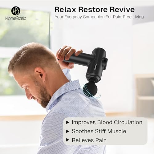 Image of HOMEBASIC Muscle Mate Massager Gun For Body Pain Relief | 4 Massage Heads | 6 Speed Settings | 3600 RPM | 3600 mAh USB-C Rechargeable | Compact & Portable | Intelligent Timed Shutdown (BLK)