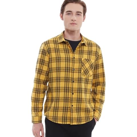 Men's Flannel Button Down Regular Fit Long Sleeve Plaid Casual Shirts Yellow Cover