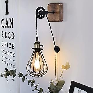 Modern Industrial Rustic Plug in Cord Cage Wall Lamp - Vintage Lift Pipe Pulley Wall Light with Switch - Retro Pendant Lamp Adjustable Wall Sconce Fixture for Indoor Living Room Bedroom(no Bulb,Black)