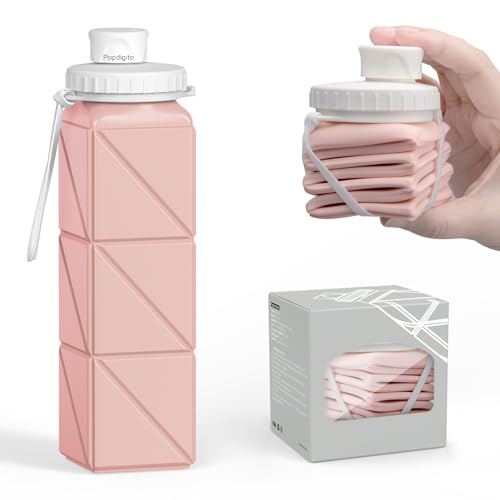 Popdigito Collapsible Water Bottles, Portable Lightweight Reusable Leak-Proof BPA-Free Silicone Foldable Water Bottle for Travel Hiking Camping Gym Outdoor Activities Sports,Detachable for Dishwasher