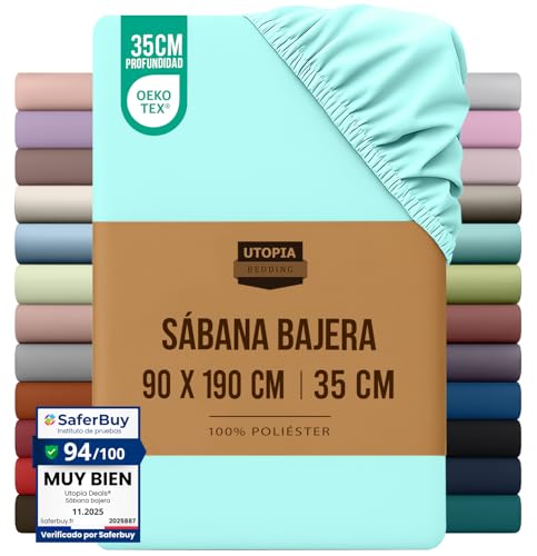 Utopia Bedding Sabana Bajera 90x190   Azul SPA   Certificado Oeko Tex   Bolsillo Profundo   Microfibra de Poliéster Cepillado (Cama 90)