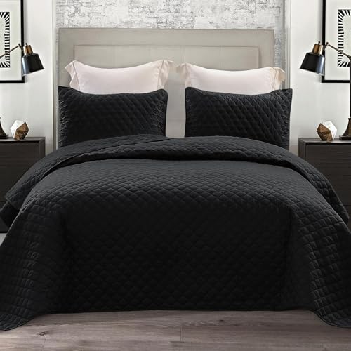 Exclusivo Mezcla Reversible Full Queen Quilt Bedding Set with Pillow Shams Lightweight Quilts Queen Size Soft Bedspreads Bed Coverlets for All Seasons - (Black 90x96)