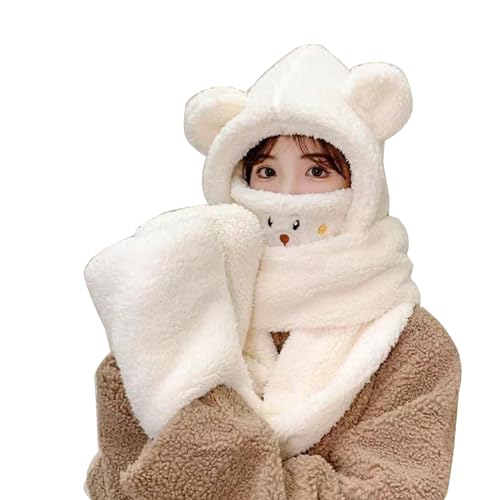 Muloo Cute Fleece Bear Ear 4in1 Scarf Hat Mitten Mask Suit Soft Winter Hat Thicken Warmer Supplies for Women Teens Winter, Beige3