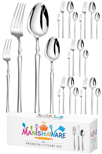 Image of 24 Pieces Silver Stainless Steel Cutlery Set for Dining Table | 6 Dinner Spoons, 6 Dinner Forks, 6 Dessert Spoons & 6 Fruit Forks (Perfect Spoon Fork Set for Kitchen)