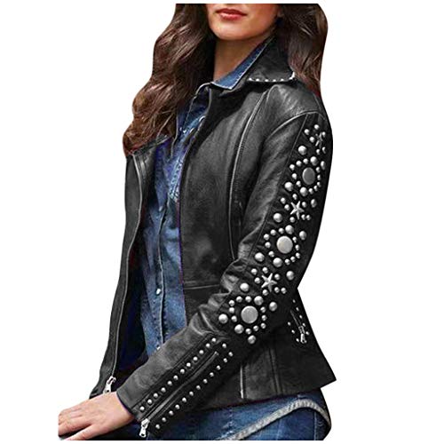 HebeTop Women's Fashion Studded Perfectly Shaping Faux Leather Biker Jacket Black