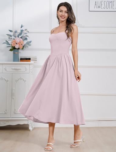 Image of ABEHIK Casual Dresses for Women Boho Spaghetti Strap Corset Midi Dress with Pockets Low Cut Flowy Pleated Bustier Sundress