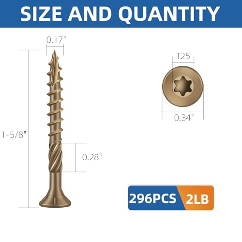 Image of #8 x 1-5 /8 inch Heavy-Duty Deck Screws - Bronze Long Outdoor Wood Screws, Torx Drive with T25 Bit, Rust Resistant for Wood Decking and Fence (2lb,296Pcs)