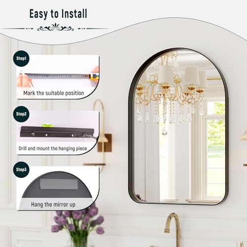 GLSLAND 26”x38“ Black Arched Bathroom Mirror - Aluminum Alloy Framed Wall- Matted Wall Mirrors for Bedroom, Entryway Mirrors for Wall by GLSLAND - Image 7