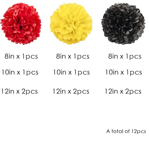 Image of We Moment Black Red Yellow Paper Pom Poms Decorations for Boys Girls Birthday Decoration Ceiling Wall Hanging Tissue Flowers Decorations 12pcs,3 Colors