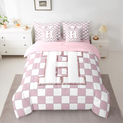 Image of Erosebridal Pink Initial H King Comforter Set with Sheets 7 Piece Kawaii Plaid Checkered Bed in A Bag Cute Personalized Monogram Bedding Sets for Kids Girls Teen Women,Fashion Grids Gingham Bed Set