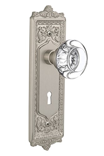 Nostalgic Warehouse Egg & Dart Plate with Keyhole Round Clear Crystal Glass Knob, Single Dummy, Satin Nickel