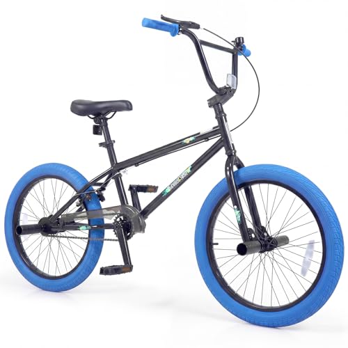 Goplus Freestyle BMX Bike, 20' Trick Bicycle w/ 360 Degree Steering, 4 Pegs, Adjustable Seat, U-Brake, High Carbon Steel Frame for Beginner Riders, Training Bike for Teens Adults (Blue)