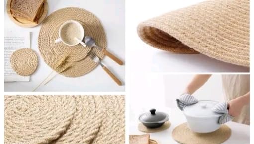 Image of Cotton Rope Placemats, Round Red with White Border, Set of 4, Heat Resistant Table Mats (Beige)