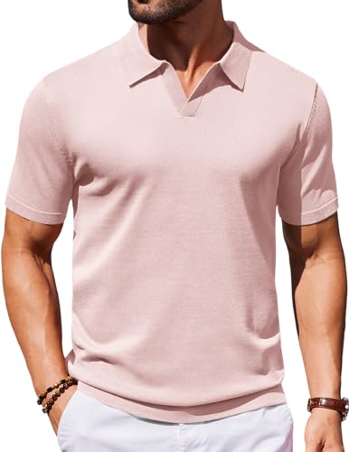 COOFANDY Mens Knit Shirts Vintage Short Sleeve Polo Collar Shirts Business Summer Polo T Shirts (Pink, X-Large)