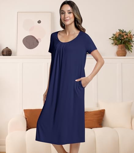 Image of NACHILA Women's Nightgowns-Viscose Made from Bamboo,Short Sleeve Nightshirt Soft Sleep Shirts Cool Sleep Dress with Pockets