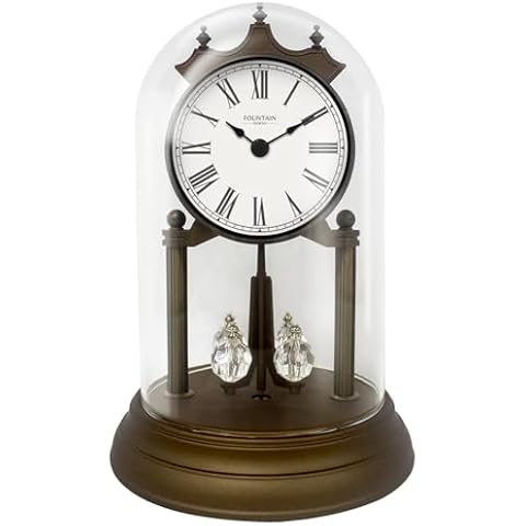 FOUNTAIN DESIGNS 9" Genevieve I Mantel Clock with Revolving Pendulum, Modern Vintage Style, Tabletop Décor, Desk & Shelf Clock, Roman Numerals, Bronze Finish Cover