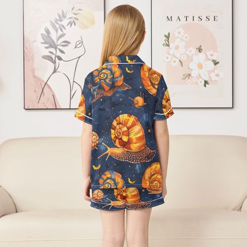 Satin Pajama Sets Short Sleeve Colorful Snails on Dark Background Button Down Silky Nightwear 2 Piece PJS 5-14Y4