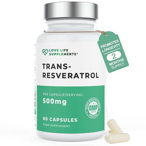 Trans Resveratrol 500mg 98% Purity 60 Vegan Capsules High Strength Polyphenol Antioxidant from Japanese Knotweed 3rd Party Tested Anti Ageing Skin Heart & Brain Health Love Life Supplements