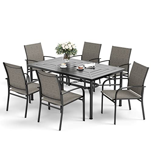 Patio Dining Sets 64" x 39" x28.5" Rectangular Steel Outdoor Dining Table,6 x Brown Patio Dining Chairs for Garden Backyard Lawn Yard Furniture, Steel Frame with 1.57" Umbrella Hole.