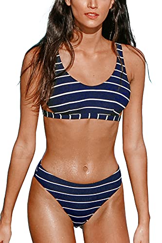 CUPSHE Women s Bikini Swimsuit Mid Waisted Lace up Two Piece Bathing Suit, S Blue