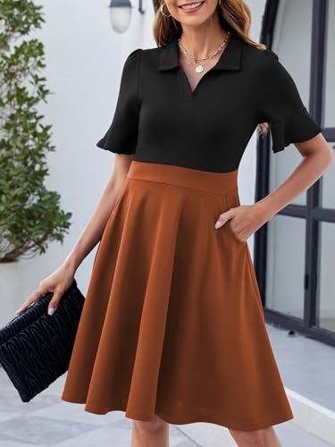Image of Mokayee Womens Summer Ruffle Sleeve Collared V Neck Fit and Flare Elegant A line Swing Dresses with Pockets