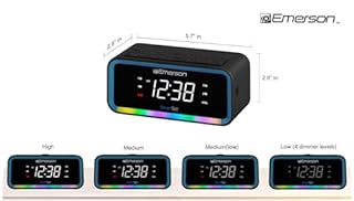 Emerson CKS1401 Smartset AM/FM Dual Alarm Clock Radio with 0.9” White LED Display with 4-Level Dimmer Control, USB-C Charging, and 2-Level Multi-Color LED Decor
