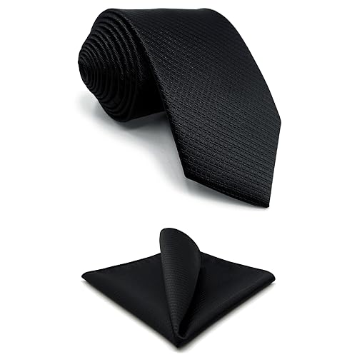 S&W SHLAX&WING Conjunto de gravata de seda preta de cor sólida para homens com bolso quadrado