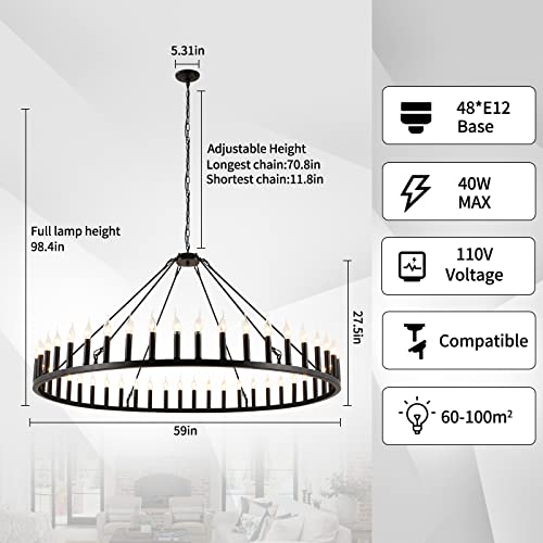 Amplug In Wagon Wheel Chandelier 60" 48 Light, Black Round Chandelier, Large Candle Chandelier Lighting Adjustable Chain For High Ceilings, Dining Room, Living Room, Entrance（Without Bulb） #TOP2