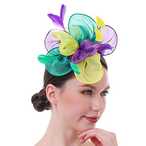Fascinator Hat with Mesh Ribbon and Feathers Floral Headpiece with Headband and Clip for Tea Party Wedding (Mardi Gras)