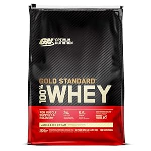 Optimum Nutrition Gold Standard 100% Whey Spieropbouw en Herstel, Proteïnepoeder met Lichaamseigen Glutamine en BCAA Aminozuren, Vanille-ijs Smaak, 151 Porties, 4.53 kg