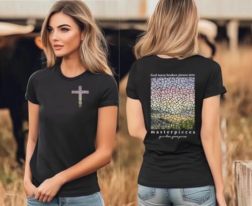Women's Christian Bible Verse Graphic T Shirts Vintage Jesus Faith Pray Cross Print Tees Crewneck 2 Sided Tops (Medium, Black-1)