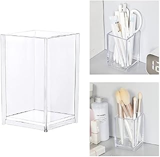 YAANBUNB 3 Pcs Acrylic Pen Holder Transparent Pen Cup Square Pen Pot Makeup Brush Holder Pencil Storage Basket Candy Box Stationery Organizer for Desk Accessories, School, Home Supplies (6.5*6.5*10cm)