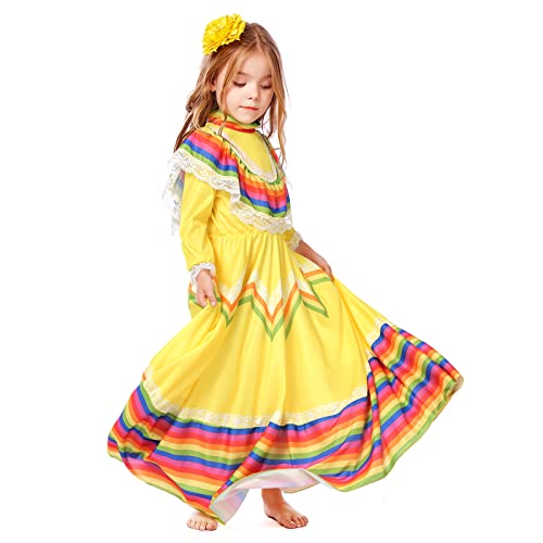 RABISS Girls Mexican Style Costume Folklorico Dress Traditional Jalisco Dresses Mexican Dress for Girls Carnival Festival Folklorico Dance Celebrations Dress Folklorico Girls Dress