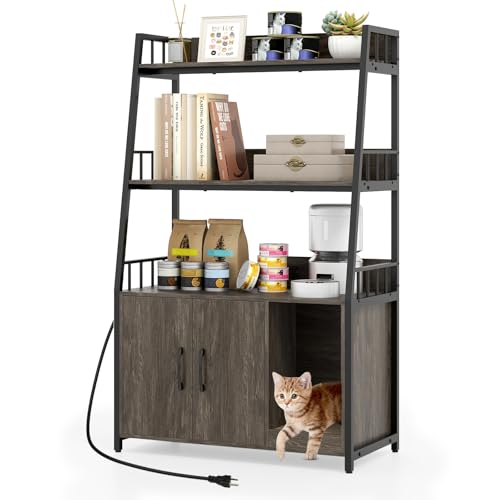 PETSITE Cat Litter Box Enclosure with Storage Shelves, 52 Inches Tall Hidden Litter Box with Charging Station, Scratching Board, and Winding Entry (Grey)
