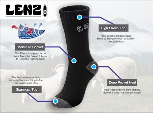 LENZI - Socks - 2 Pairs Crew Merino Wool Hiking Socks - Thermal Cushioned Footbed - Moisture-wicking Warm Winter Boot Socks for Men and Women Itch-free Elastic Fit4
