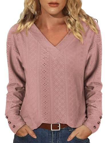KISSMODA Long Sleeve Fall Shirts For Women V Neck Tunic Tops Embroidered Button Down Knitted Blouses 2025