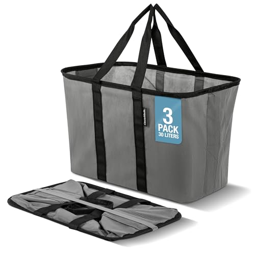 CleverMade EcoBasket 30L Collapsible Tote Basket 3 Pack – Reusable Grocery Tote That Stands Upright, Foldable Shopping Basket for Car Trunk Storage, Heavy Duty Utility Bag, 30 lb Capacity - Gray