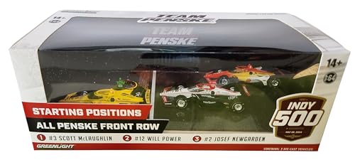 Greenlight 11611 2024 Indianapolis 500 All Penske Front Row 3-Car Set #3 Scott McLaughlin, 2 Josef Newgarden, 12 Will Power 1:64 Scale Indy 500 in Diorama Display Box