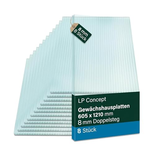LP Projekt Gewächshauspaneele 605 x 1210 mm Polycarbonat Gewächshausplatten 8 mm mit 8er Pack | Doppelstegplatten mit UV beständigen und witterungsbeständigen hohlkammerplatten für Gewächshausdächer