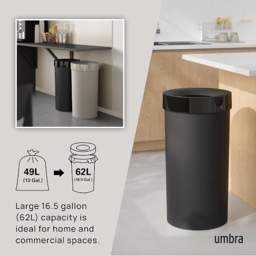 Image of Umbra Vento Kitchen Trash Can, Open Top 16.5 Gallon Garbage Can, Black