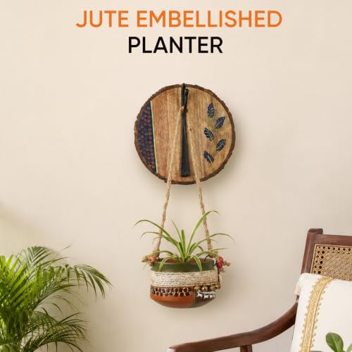 Image of AAKRITI ART CREATIONS Wall Hanging Planter with Hook | Jute Embellished Earthen Planter on Round Hook, Floral Art, Matte Finish | Wooden Decorative Hanging Pot for Indoor & Outdoor Home Decor