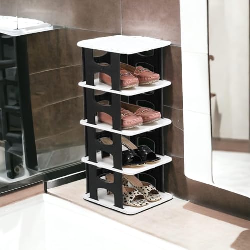 1 Pcs of 5 Tier Shoe Rack, Shoe Racks for Closet, Free-Combination Narrow Shoe Storage Organizer for Bedroom & Entryway, Space Saver Stackable Shoe Shelf,Grey, Black, Polypropylene
