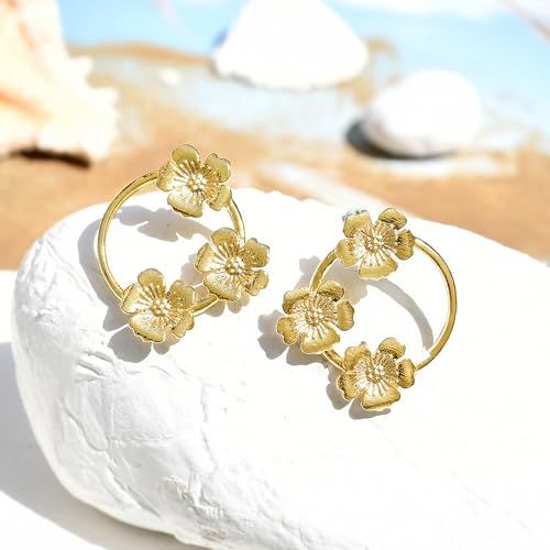 Image of Voylla Hawaii Hibiscus Stud Earrings For Women Anti Tarnish Floral Boho Vacation Travel Tropical Everyday Wear Designer Stud Earrings Gift For Women