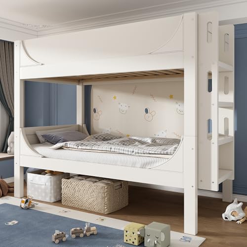 HUQIQWE Lit Superposé 90x200 Cm Blanc, Séparable en 2 Lit 1 Place, Échelle Réversible Tête/Pied, Design Traîneau, Bois Massif + MDF, pour Chambre, Studio